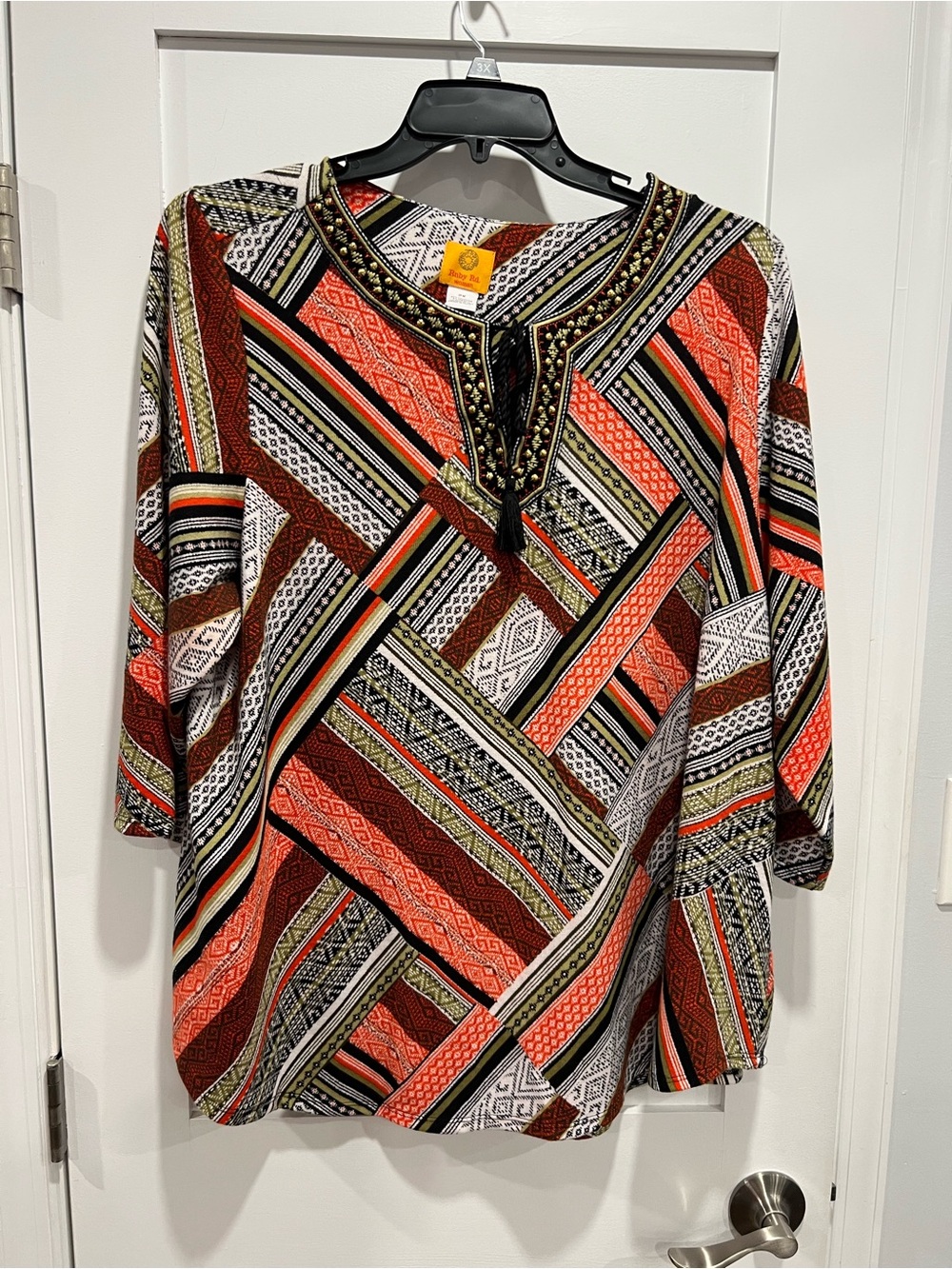 Ruby Rd. Coral, Brown & Black Striped Embellished Tunic